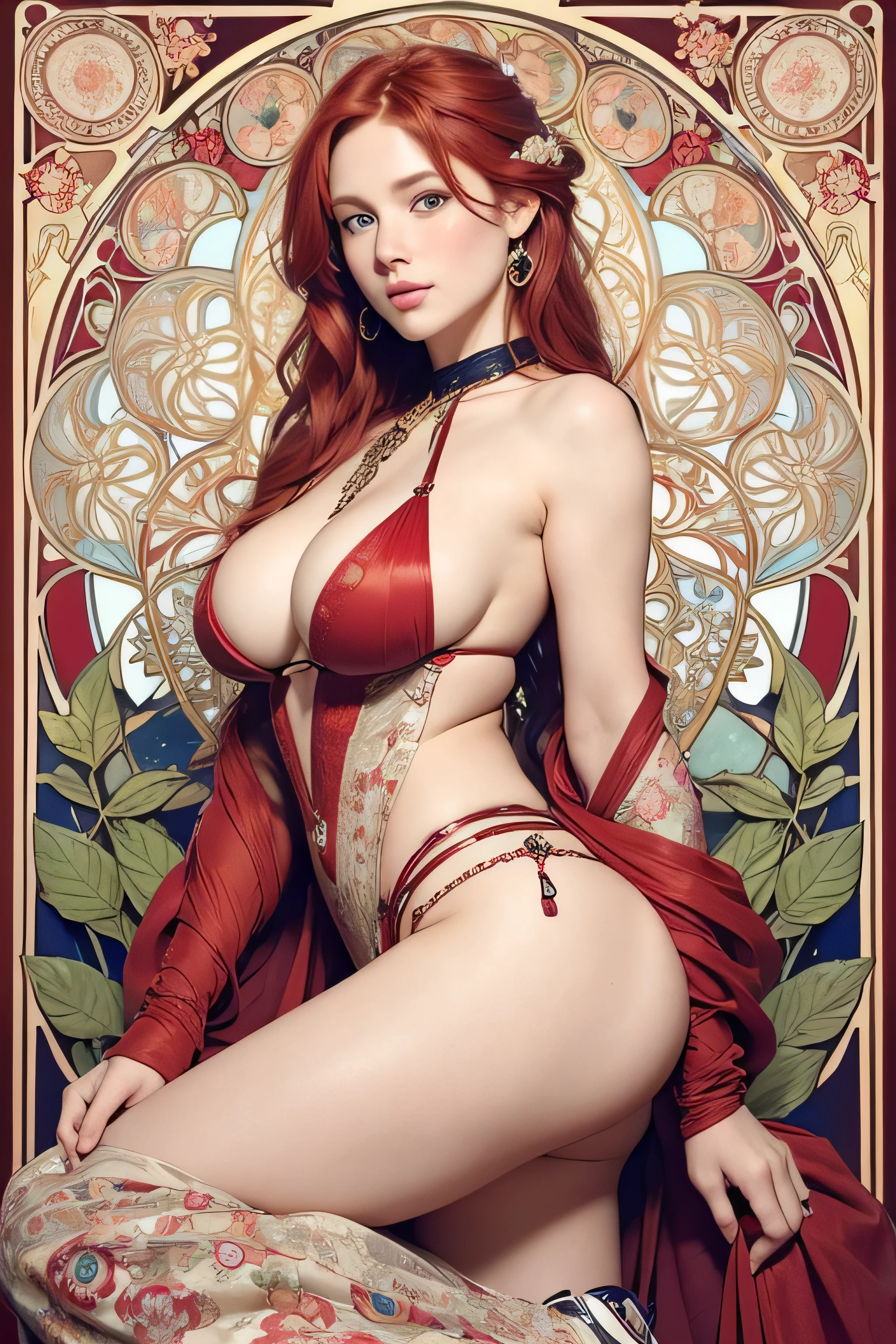 A beautiful red-haired woman with very attractive blue eyes in a full-body outfit, with backrests to the camera showing her ass, micro thong, intricate chain jewelry straps, beautiful round breasts, large breasts, neckline, breast press together, medium wide breasts ,elegant pose, Intricate designs and patterns in the style of Alphonse Mucha ,Art Nouveau floral background