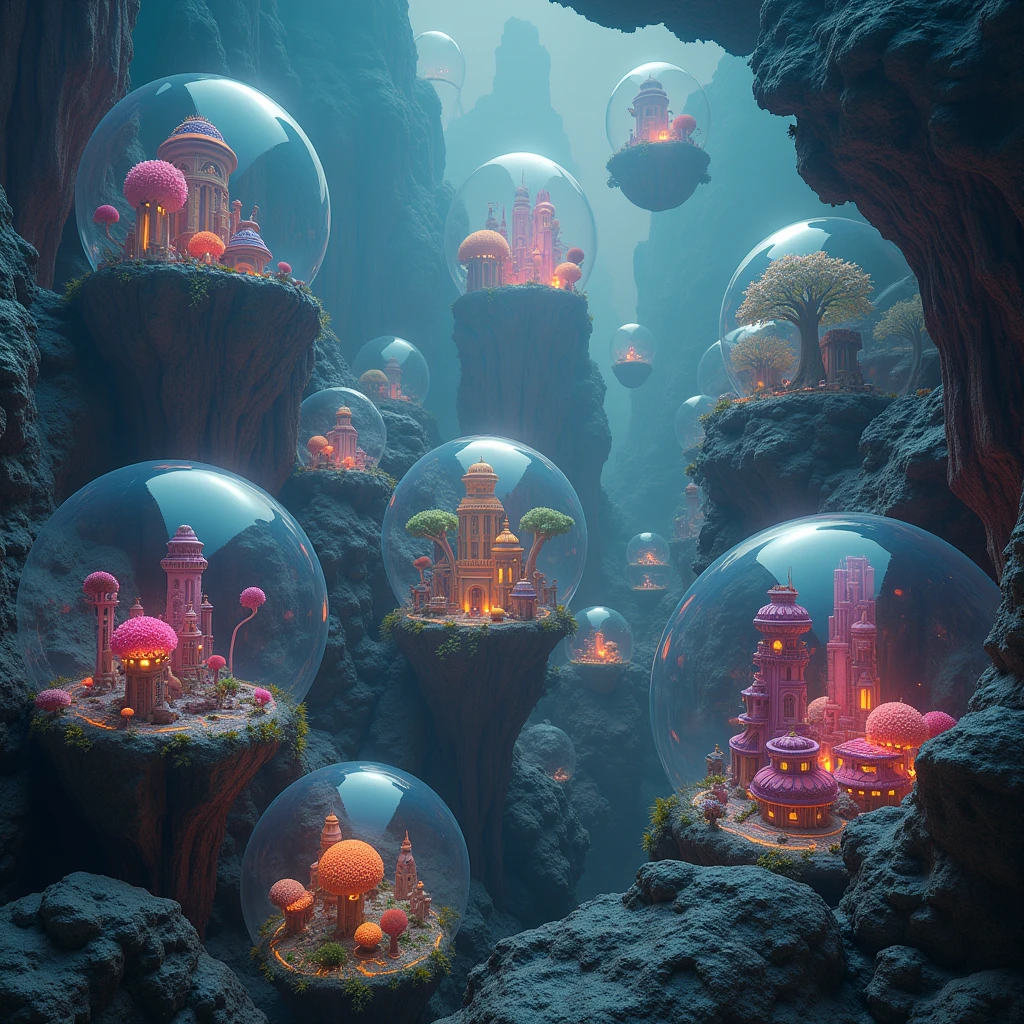 a surreal, spherical multiverse, various civilizations inhabiting bubbles, intricate details, ethereal, otherworldly, (best quality, 8k, highres, masterpiece:1.2), (realistic, photorealistic, photo-realistic:1.37), hyper detailed, cinematic lighting, dramatic lighting, vibrant colors, fantastical, imaginative, concept art, digital art, 3D rendering, matte painting, moody atmosphere