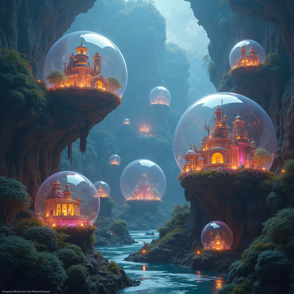 a surreal, spherical multiverse, various civilizations inhabiting bubbles, intricate details, ethereal, otherworldly, (best quality, 8k, highres, masterpiece:1.2), (realistic, photorealistic, photo-realistic:1.37), hyper detailed, cinematic lighting, dramatic lighting, vibrant colors, fantastical, imaginative, concept art, digital art, 3D rendering, matte painting, moody atmosphere