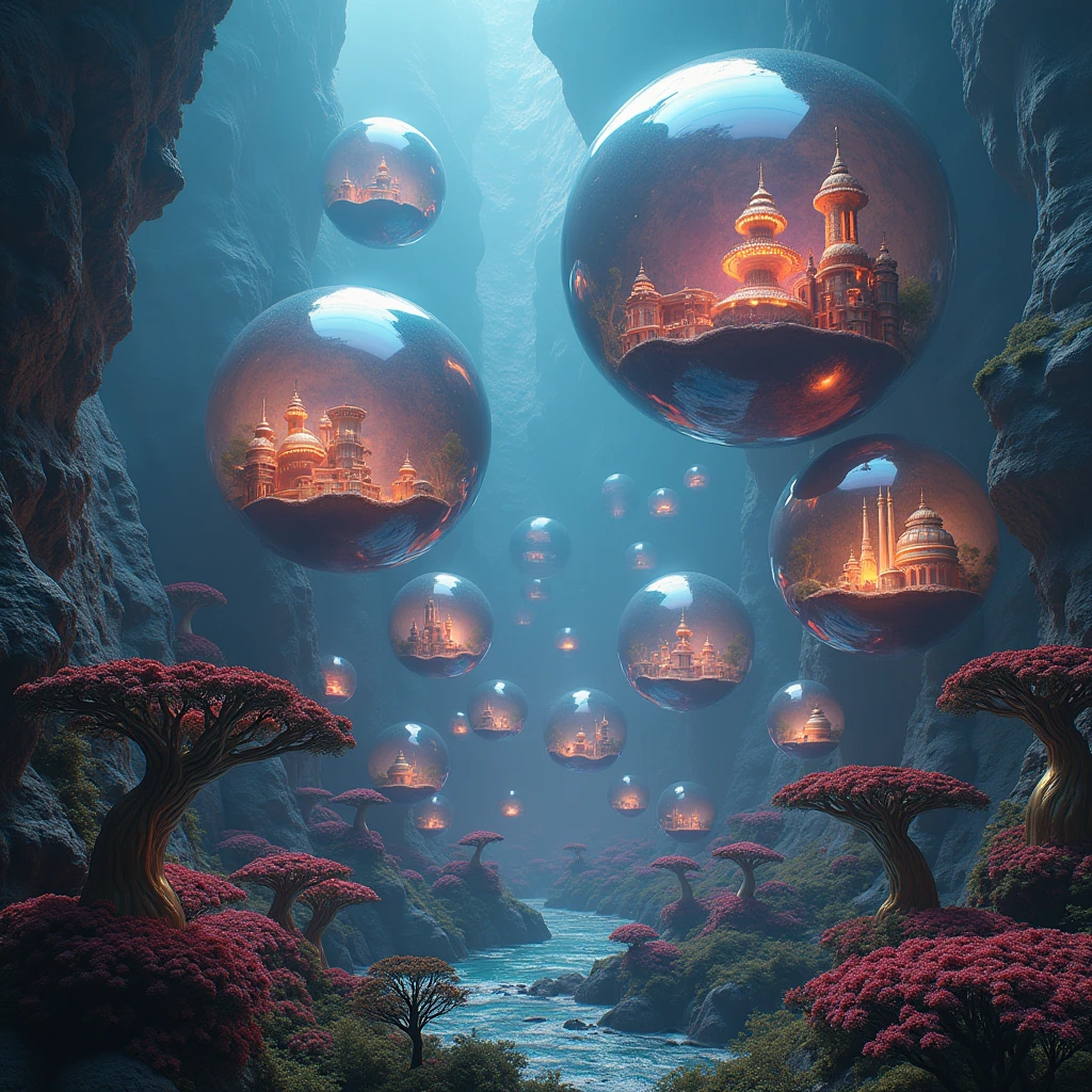 a surreal, spherical multiverse, various civilizations inhabiting bubbles, intricate details, ethereal, otherworldly, (best quality, 8k, highres, masterpiece:1.2), (realistic, photorealistic, photo-realistic:1.37), hyper detailed, cinematic lighting, dramatic lighting, vibrant colors, fantastical, imaginative, concept art, digital art, 3D rendering, matte painting, moody atmosphere