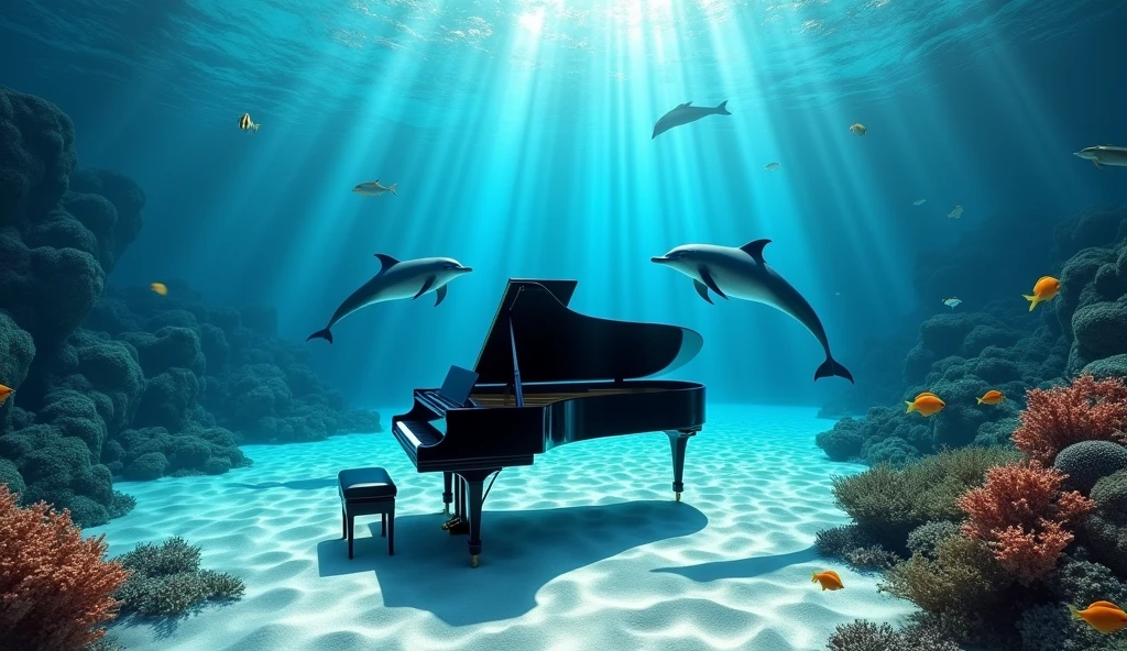 Colorful Coral Reef "A stunning underwater scene featuring a black grand piano resting on a sandy seabed. Several dolphins swim gracefully around the piano. Sunbeams filter through the clear water, creating beautiful patterns on the sand and piano. The overall atmosphere is tranquil and mesmerizing, with the piano standing out against the vibrant blue tones of the ocean. The dolphins are playful and inquisitive, adding a touch of vibrancy to the serene underwater environment. The image is realistic, capturing fine details of the piano, dolphins and underwater light effects." Tropical fish swim gracefully around colorful coral. Change the composition to a top-down view