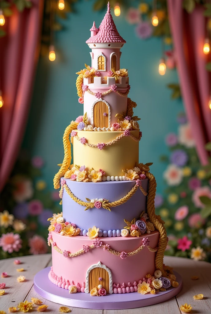 I need you to make a 5-tier cake with a Rapunzel tower on top and Rapunzel's hair braids around the cake