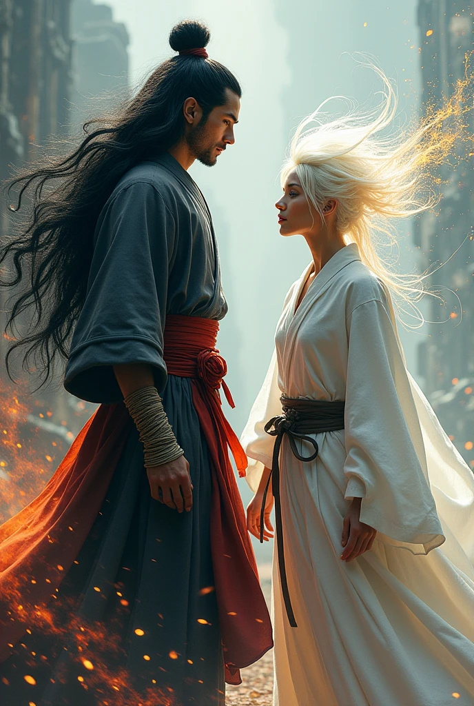 Make a tall man with long black samurai style hair, He should wear a tunic with a red belt and bandages on his hands., and winged make a man with short, messy white hair with elemental powers with a white anime-style robe