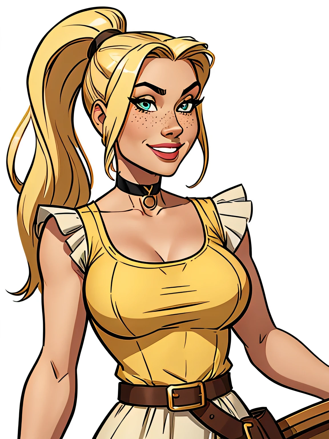 Thin woman, age 25, 4K (High definition), beautiful smiling, seducing gaze, greeneyes, wearing a dress in the old west style (gray and gold) with a boat neck and short sleeves, choker on the neck, brown belt, Caucasian skin, long blonde hair with a ponytail, standing (upper body), full of curves with freckles across her chest and neck. Marvel style high quality, white background.