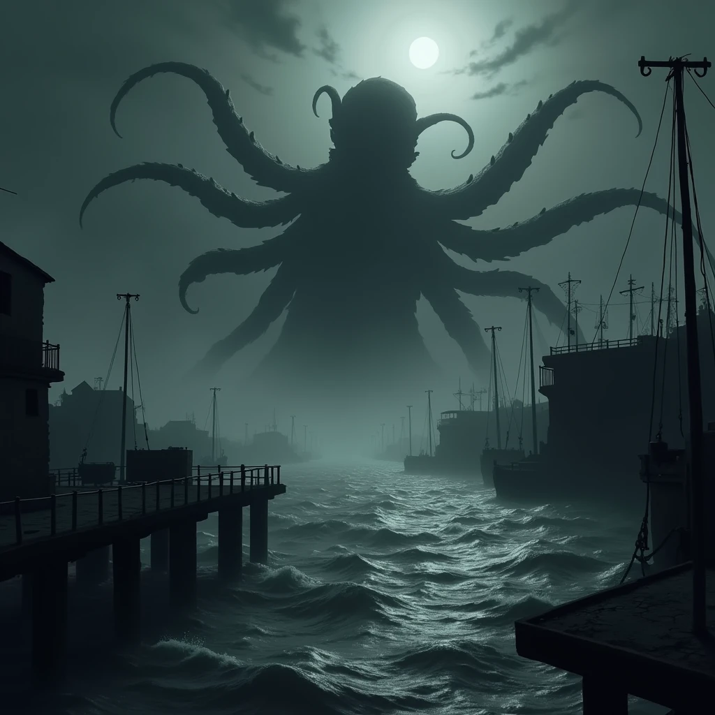 cthulhu lovecraft ,cthulhu, lovecraft ,Work by HP Lovecraft , dark ocean, ghostly harbour Terror, haze, haze, fear ,frightful , dramatic lighting , cinematic lighthing, black and white, square logo, animated cartoon style