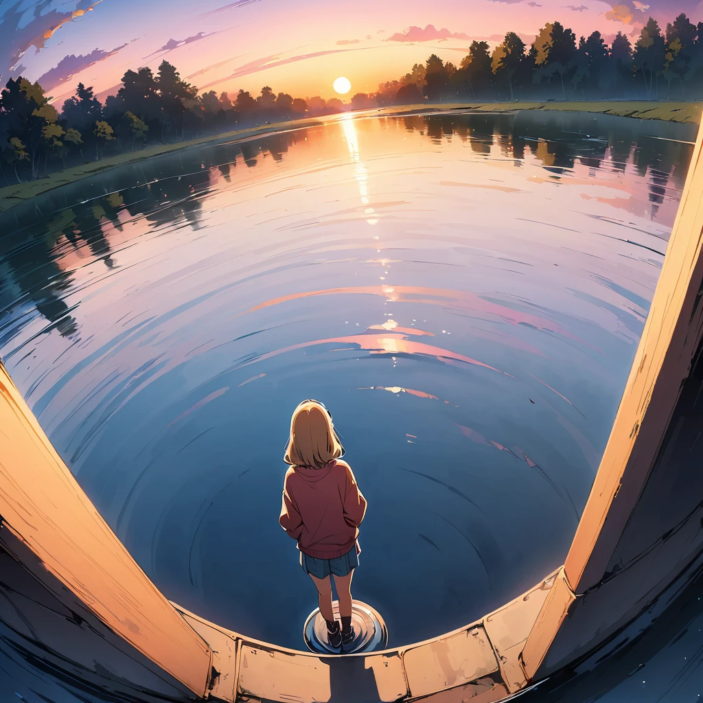 official art, unified 8k wallpaper, super detailed, masterpiece, Best image quality，super wide angle，evening，(Five girl are standing side by side:1)，Standing in the pond，water is like a mirror，reflecting the sky。look up to the sky，Colorful sunset，Dynamic angle, grace, bright colors, from behind