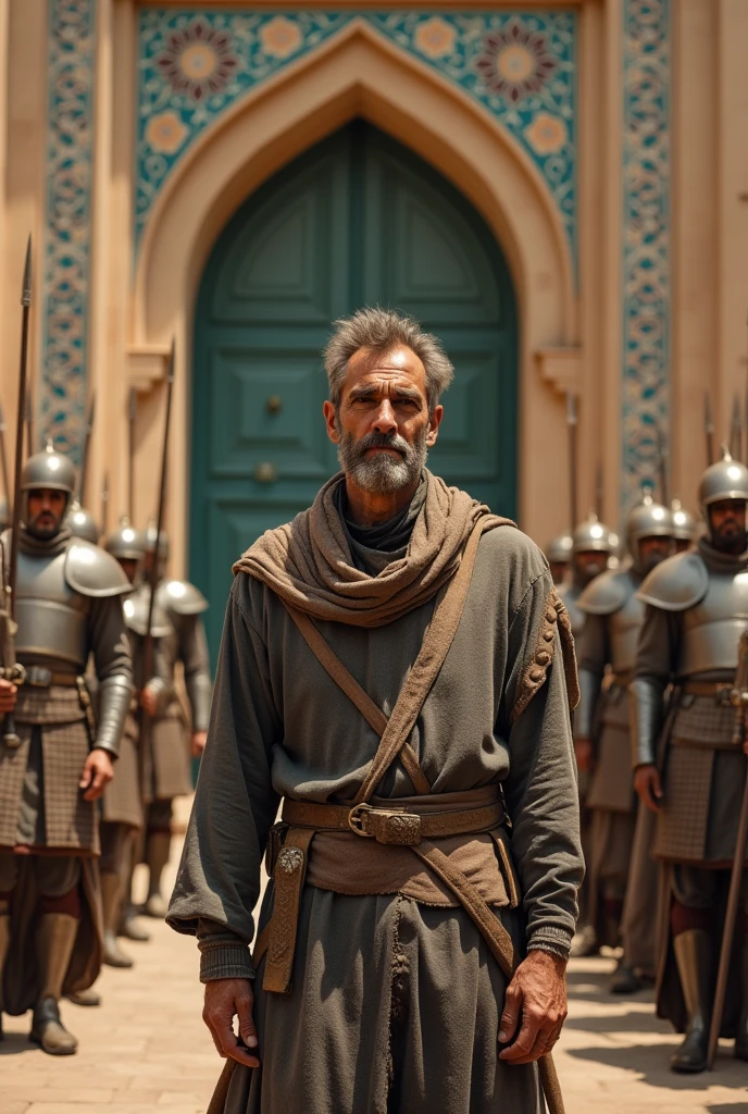 Create an image for me of a man with his clothes covered in ash, standing in front of the gate to the Persian palace. Also add Persian soldiers in the background with spears.