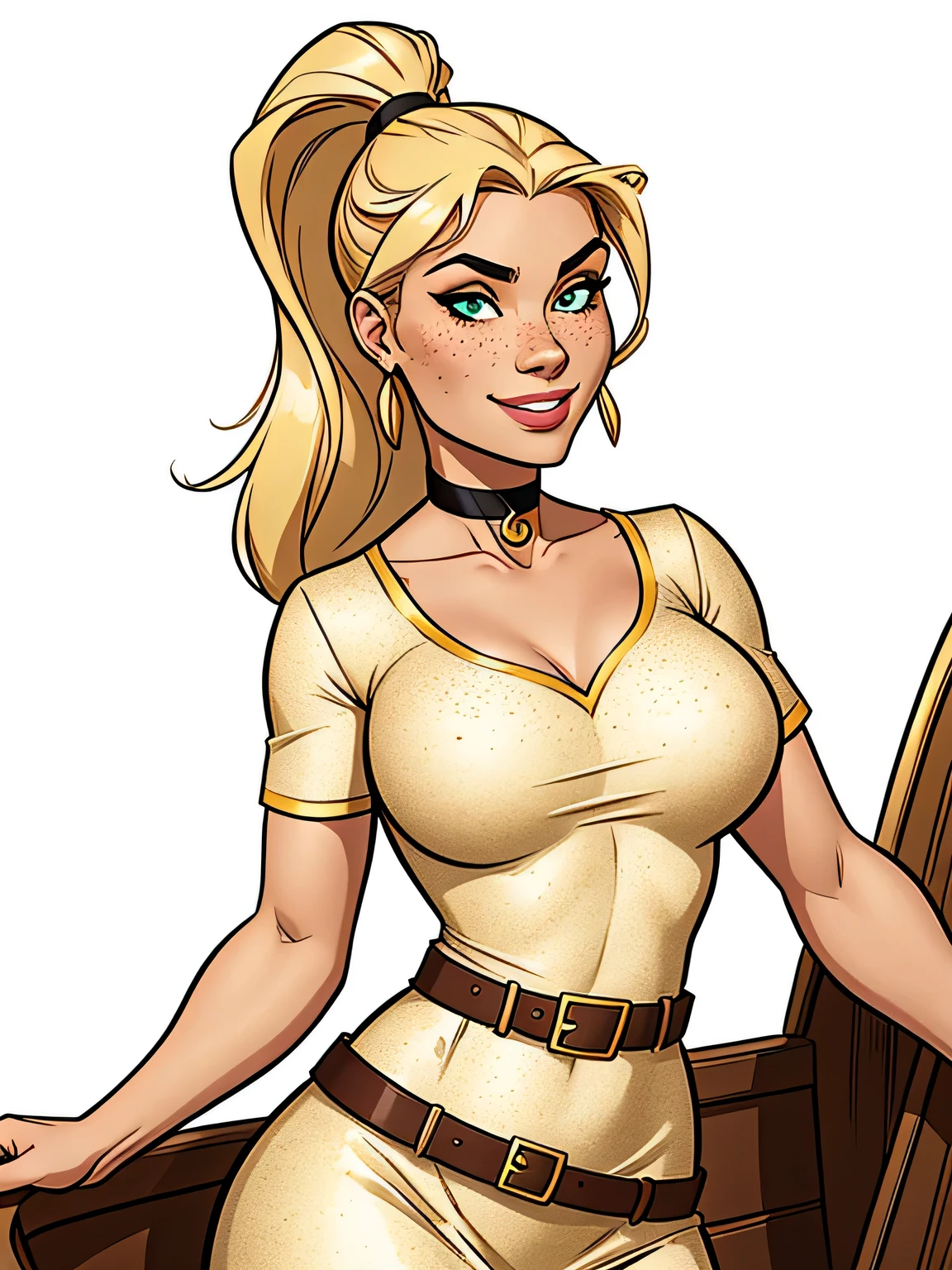 Thin woman, age 25, 4K (High definition), beautiful smiling, seducing gaze, greeneyes, wearing a dress in the old west style (gray and gold) with a boat neck and short sleeves, choker on the neck, brown belt, Caucasian skin, long blonde hair with a ponytail, standing (upper body), full of curves with freckles across her chest and neck. Marvel style high quality, white background.