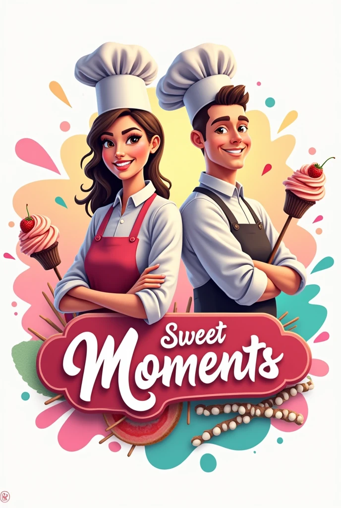 Logo of a woman and a man, both students of cake and skewer chef, for a fast food restaurant named Sweet Moments