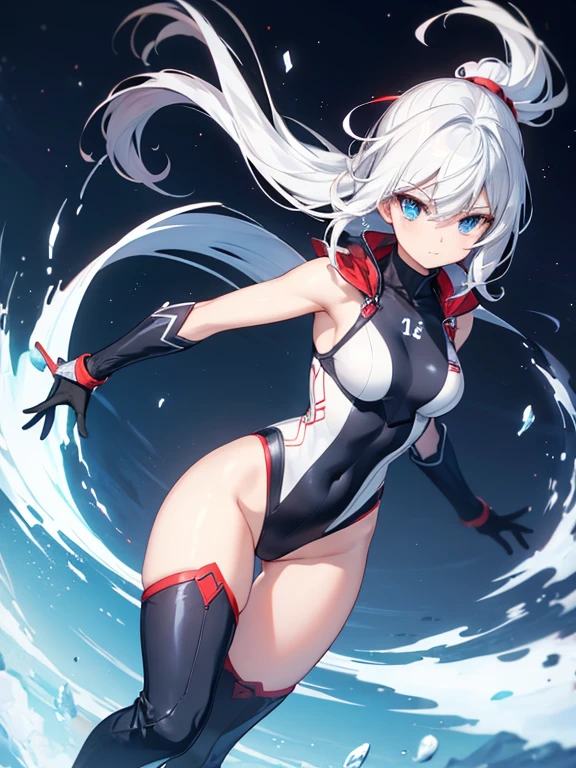 (Tabletop, Highest quality), (Perfect athletic body: 1. 2), (Thin Hair), Super detailed, Anime Style, whole body, alone, Superpowered high school girl heroine, hero domino mask, High leg leotard, Gloves and knee boots, image color: Red and Blue, Black and white hair, Flying Blue Sky, , background: white , whole body, Energy pulse, ((Fire and ice within a woman'hand of)) (Rotation Pose)