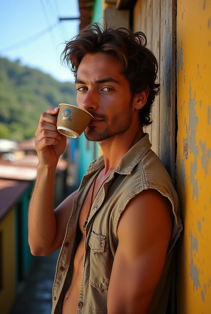 Man, beautiful, attractive face, hazel eyes, perfect jaw and chin, muscular, defined, attractive body , wearing a dirty, torn shirt , rebellious brown hair, sun-burnt , in the Brazilian favela , with houses from Brazil , it's on the gate wall having coffee at the farm, pleasant afternoon , closed smile, eyes shining with tears, Gratitude , hot coffee chicara 