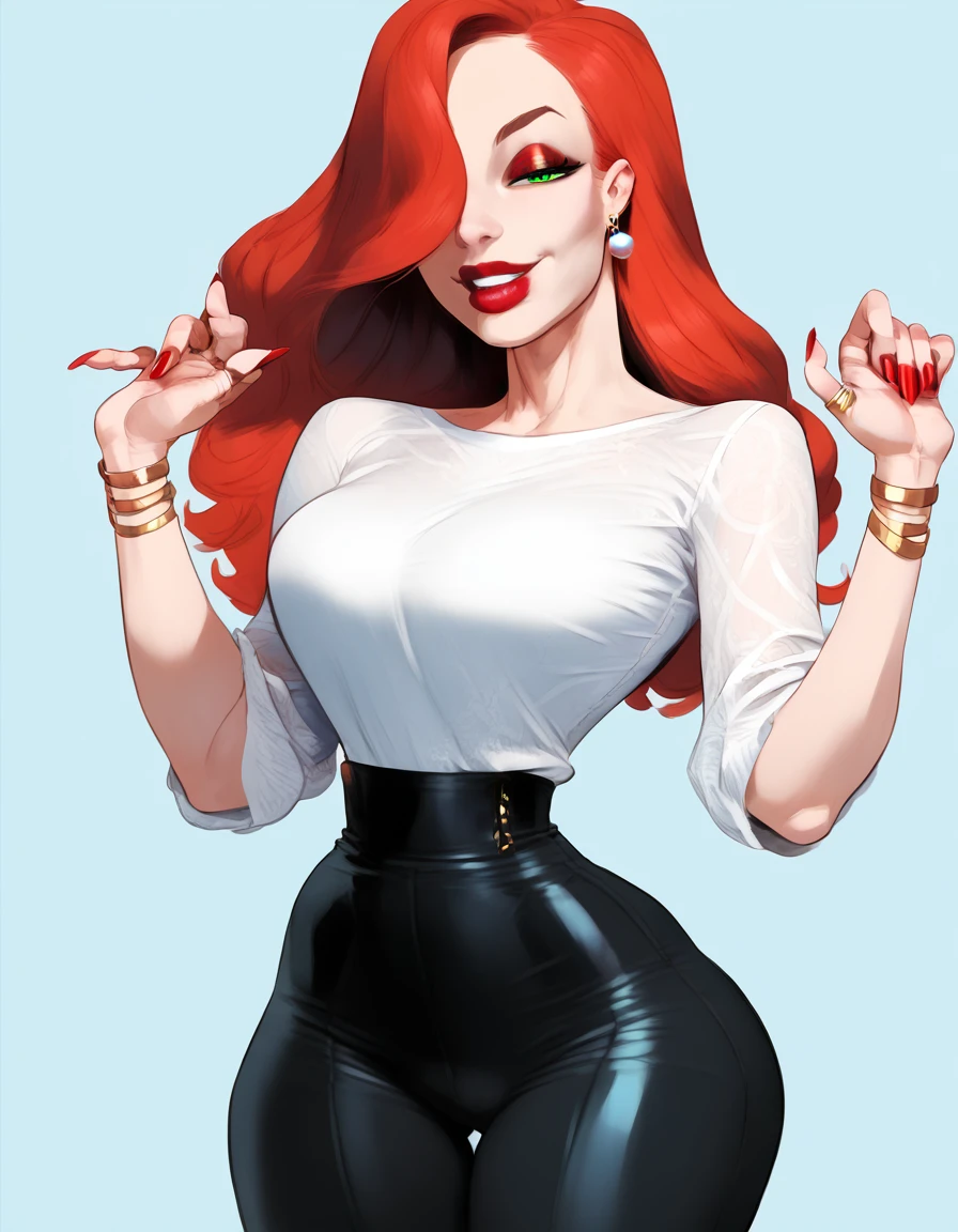 score_9, score_8_up, score_7_up, score_6_up, BREAK source_anime, 1girl, red hair, long hair, hair over one eye, green eyes, lipstick, makeup, earrings, BREAK ((wearing a white tshirt)), best quality, expressive eyes, (simple background:1.5), realistic, 1girl, solo. looking at viewer, smile, (big hips), hourglass body, happy, thigh gap, lips, red lips, lipstick, BREAK (black pants), parted lips,nail polish, ((narrow waist)), looking at viewer, thighs, indoors, Mixed_artstyle
