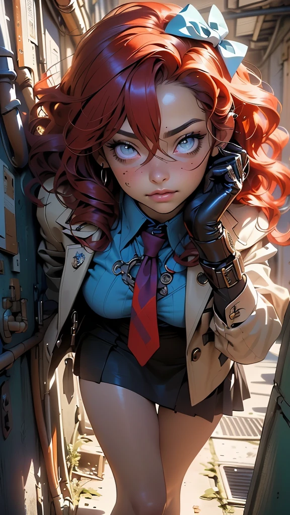 1girl,15 years old
(small breasts:1.4),((((red hair:1.3,crossed bang,hair between eyes,hair bow,long hair,wavy hair:1.5)))),(((gray_eyes:1.3))),((slit pupils)),intricate eyes,beautiful detailed eyes,symmetrical eyes,big eyes:1.5,((((lustrous skin:1.5,tanned skin,bright skin: 1.5,skin tanned,shiny skin,very shiny skin,shiny body,Reflective skin)))),(bimbo,spider lower abdomen,narrow waist,wide hip,athletic body,inflated legs,thick thighs,(detailed face)),beautiful detailed lips,(((scar on cheek))),(perfect slim body),
cute,slutty,sensual,seductive look,seductive,((erotic)),opulent,sumptuous,((nsfw)),
(blue headwear,hat,peaked cap),(blue jacket,jacket,long sleeves,open jacket,blue coat,coat),(blue shirt,collared shirt,shirt),(blue skirt,mini skirt,skirt),((halo,purple halo)),(loose necktie,necktie,red necktie),((open clothes)),((red armband)),(black gloves),((safety pin)),((bare legs)),
(flirtatious pose:1.3), looking at viewer,embarrassed,centered,scale to fit dimensions,Rule of thirds,
indoor((Nazi bunker,room, dark bunker, swastika,depths of a steampunk bunker)),scenery:1.25,((intricate scenery)),
(Glossy steampunk ornaments),highres,sharp focus,(ultra detailed,extremely detailed),(photorealistic artwork:1.37),(extremely detailed CG unity 8k wallpaper),(((vibrant colors,vibrant theme))),(intricate),(masterpiece),(best quality),artistic photography,(photography taken by sldr),(intricate background),perfect rendered face,perfect face details,realistic face,photo realistic,((intricate detail)),(((realism))),
