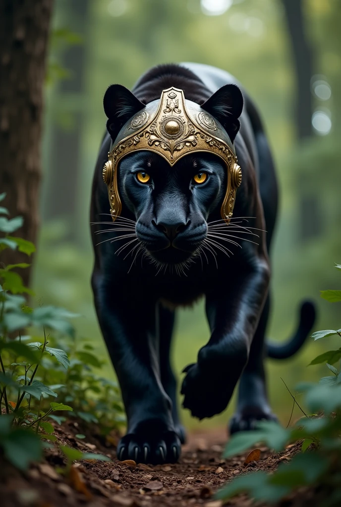 Furious panther with a Roman helmet