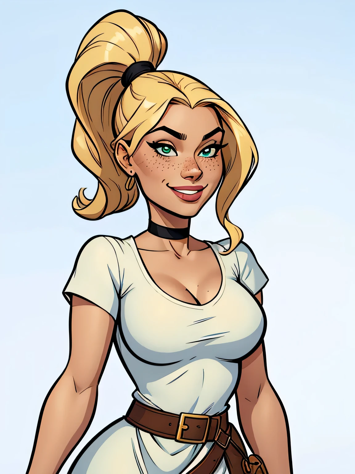 Thin woman, age 25, 4K (High definition), beautiful smiling, seducing gaze, greeneyes, wearing a dress in the peasant style (gris) with a boat neck and short sleeves, choker on the neck, brown belt, Caucasian skin, long blonde hair with a ponytail, standing (upper body), full of curves with freckles across her chest and neck. Marvel style high quality, white background.