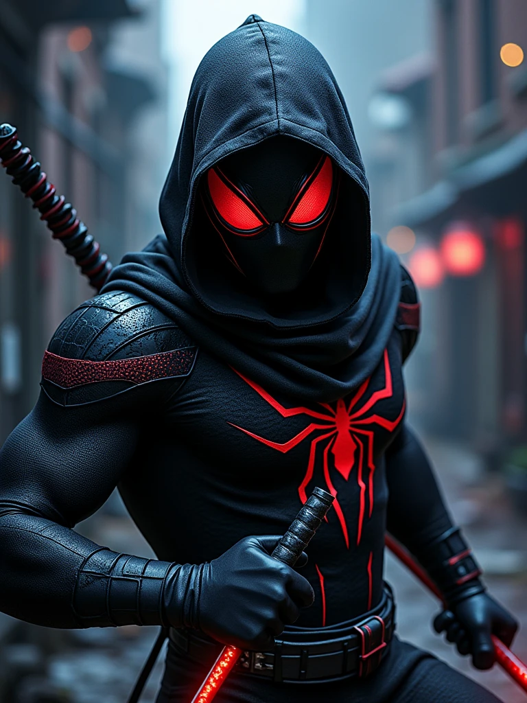 Spider-Ninja: A striking reimagining of Spider-Man, clad in a sleek black ninja suit that enhances his stealth and agility. His helmet features shuriken-shaped visors, giving him a sharp and menacing look. The suit is accented with red and blue details, paying homage to his original colors. In his hands, he holds a pair of sai, ready for combat. The background is a dark, shadowy urban landscape, with dimly lit rooftops and alleyways, emphasizing his stealthy nature. The overall atmosphere is intense and dynamic, capturing the essence of a ninja while retaining the iconic elements of Spider-Man.