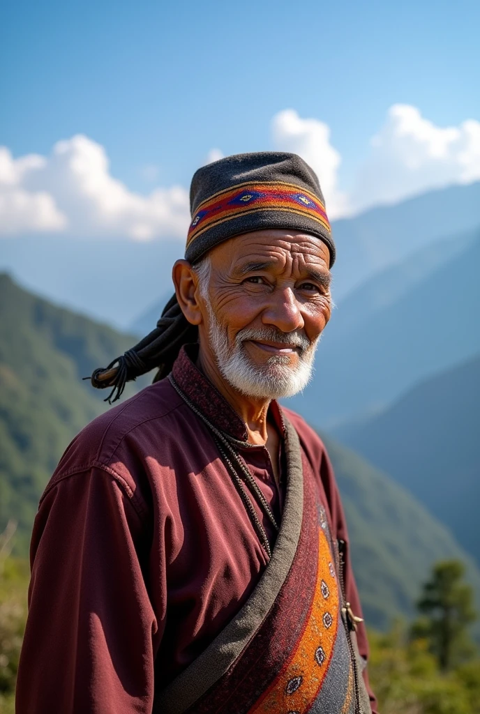 Hello, Namaste. An old Asian man, Nepalese Limbu ethnicity, male, wearing a Dhaka topi.