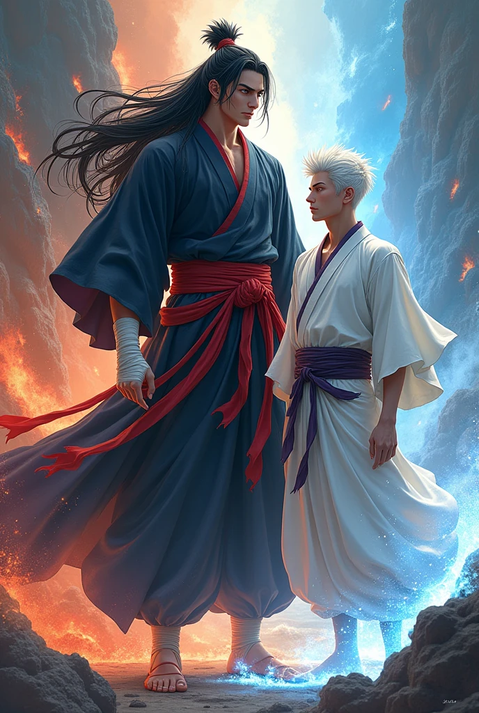 Make a tall man of 1.98 with long samurai-style black hair, He should wear a tunic with a red belt and bandages on his hands., and winged make a man of height 1.78 with short white-haired hairstyle, wielding elemental powers, wearing a white anime-style tunic