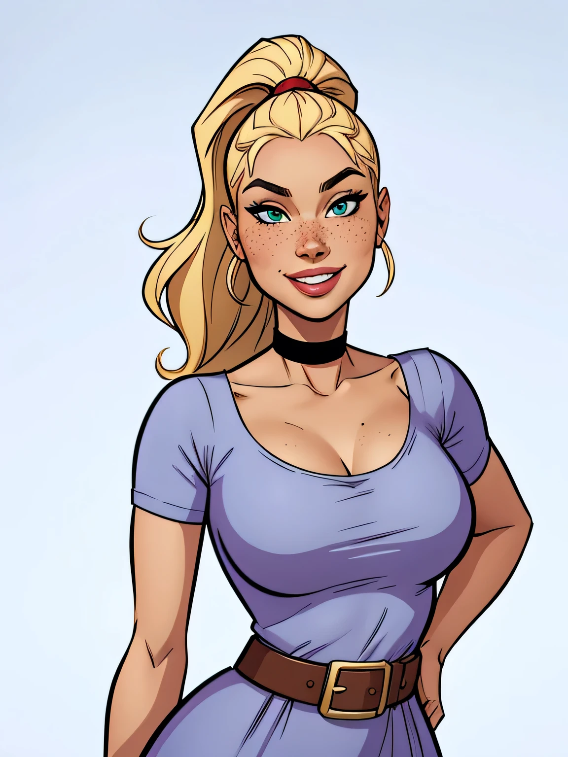 Thin woman, age 25, 4K (High definition), beautiful smiling, seducing gaze, greeneyes, wearing a dress in the peasant style (gris) with a boat neck and short sleeves, choker on the neck, brown belt, Caucasian skin, long blonde hair with a ponytail, standing (upper body), full of curves with freckles across her chest and neck. Marvel style high quality, white background.