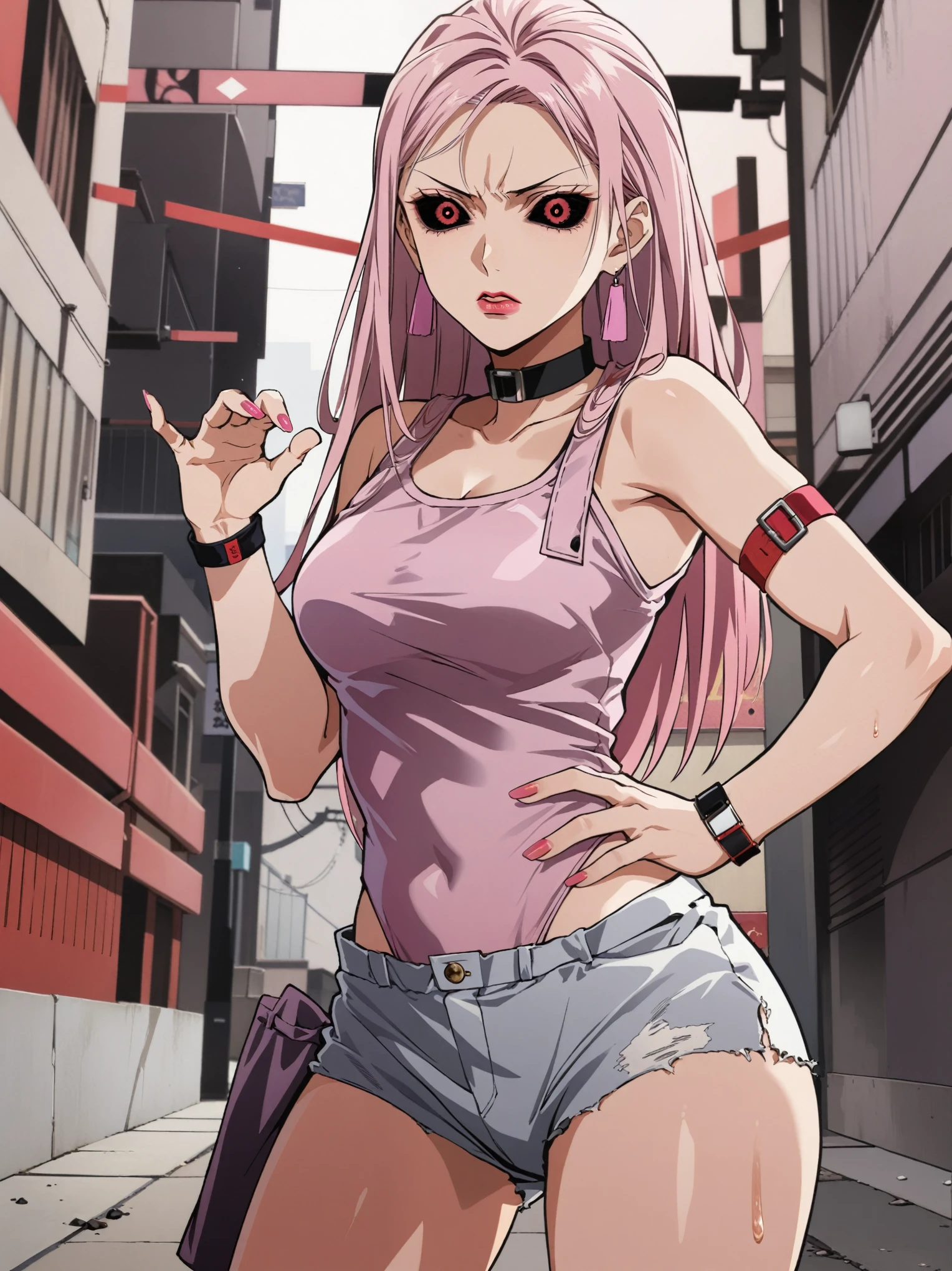 score_9, score_8_up, score_7_up, Jujutsu kaisen style, Takako Uro, (1girl, solo), (25years old, mature female), (pink long hair, wave hair), (red pupils, black sclera), red lips, (dissatisfied expression, disgust), (pink leotard top, casual leotard style top, medium breasts), red casual shorts, (neck band, wrist band), purple nail, standing in the Urban street