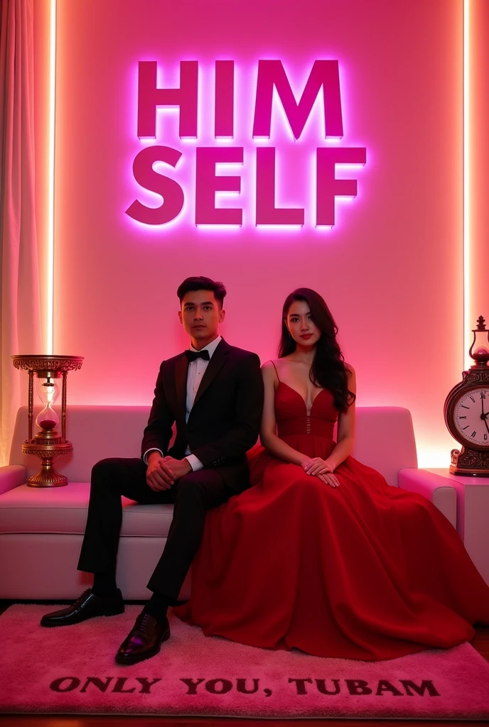 CREATE A ROOM FULL OF LIGHTS THAT REMINDERS A PINK ROOM. LET IT WRITE "HIMSELF" WITH ITS 3D LOGO. LET A 23-YEAR-OLD MAN AND A GIRL SIT ON THE SEAT, THE GIRL'S DRESS SHOULD BE A RED SUIT, AND THE BOY'S DRESS SHOULD BE A BLACK SUIT. LET THERE BE AN HOURGLASS AND A CLOCK IN THE PHOTO. LET THERE BE A LOVE CARPET ON THE FLOOR AND LET IT WRITE 'ONLY YOU, TUBAM'.L