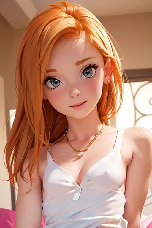 (CGI), high quality, leaning on edge of bed, shirtless, Orange tinted hair, (braid hair:0.7), two-tone hair, blonde hair, Pink Lips, Open mouth,necklace, [pale skin], ((((cute)))), beautiful, 1girl, solo, sexy pose, back to camera, transparent clothes, (thin clothes), white dress falling off, breasts visible, (areola visible), beckoning, bedroom, evening, sunlight, rimlight, soft light