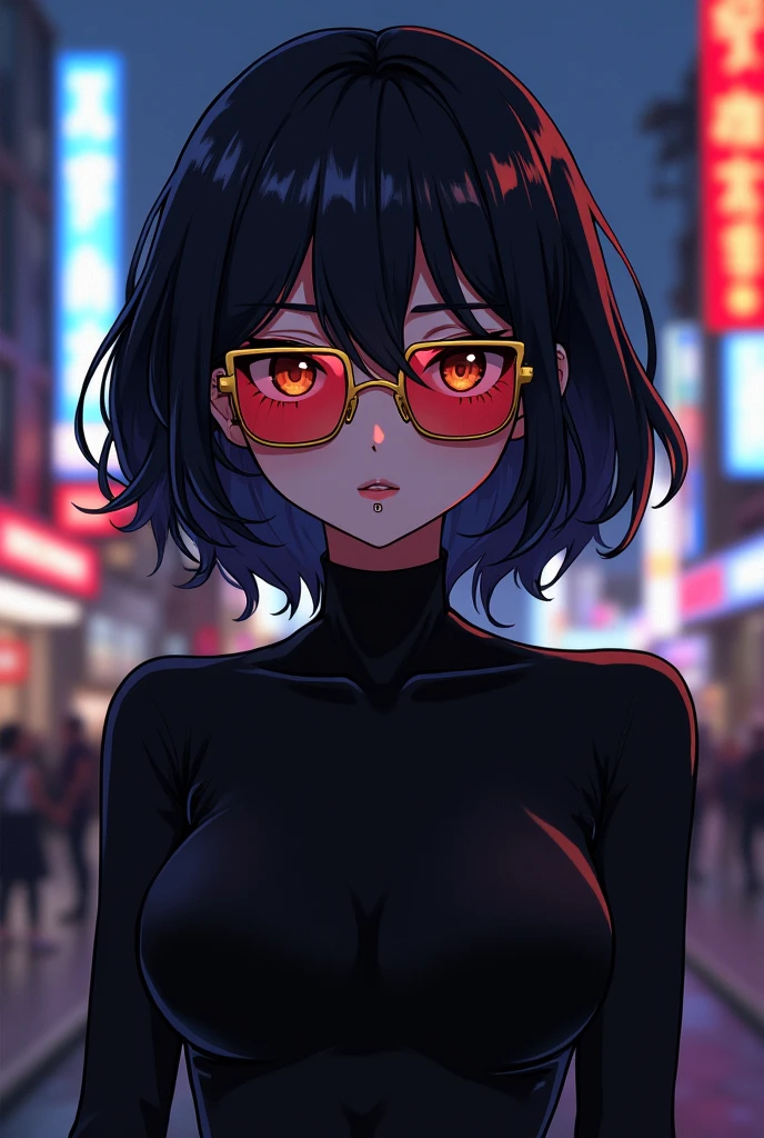 make an anime character with black hair, eyes browns, medium length hair with side bangs, wearing gold and red square glasses, with a black second skin shirt and piercings in the lower lip and one in the septum.

