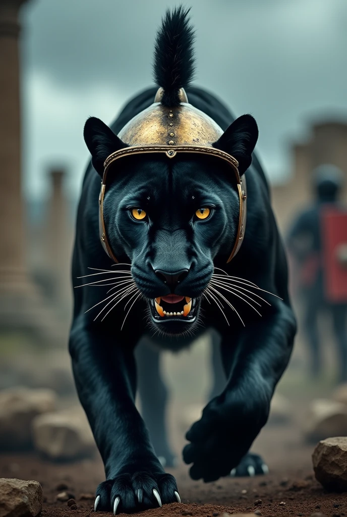 Panther attacking with a Roman helmet