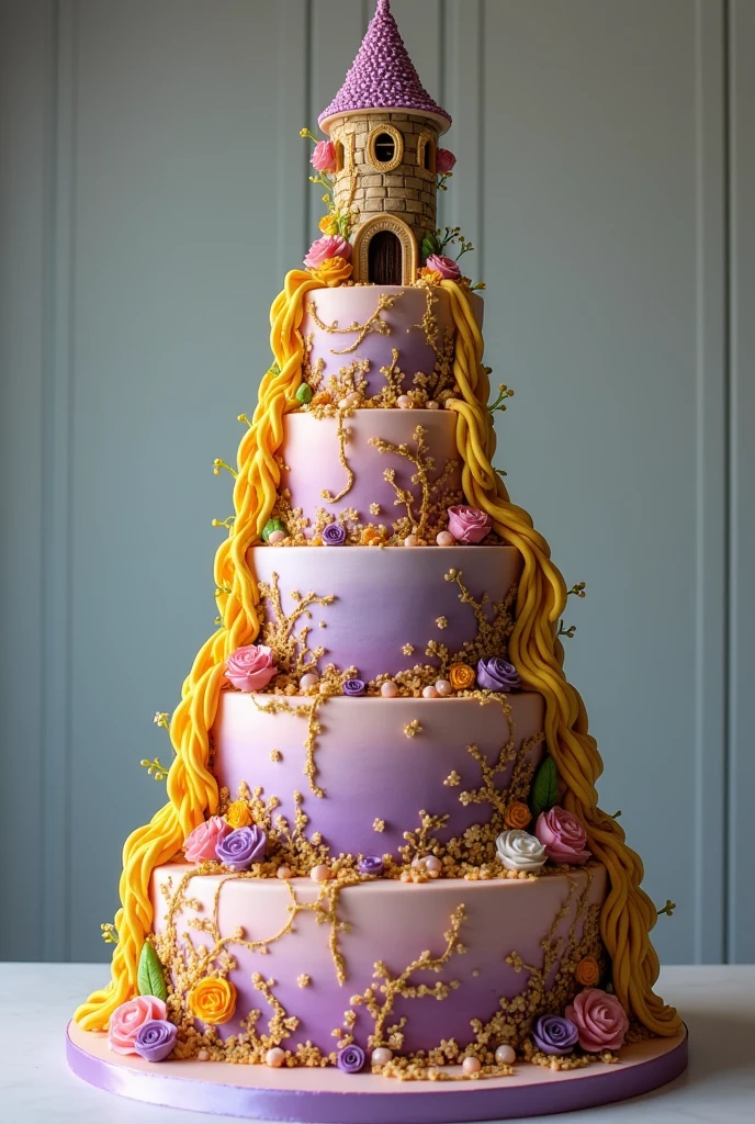 I need you to make a 5-tier cake with Rapunzel's tower on top and Rapunzel's hair braids around the cake