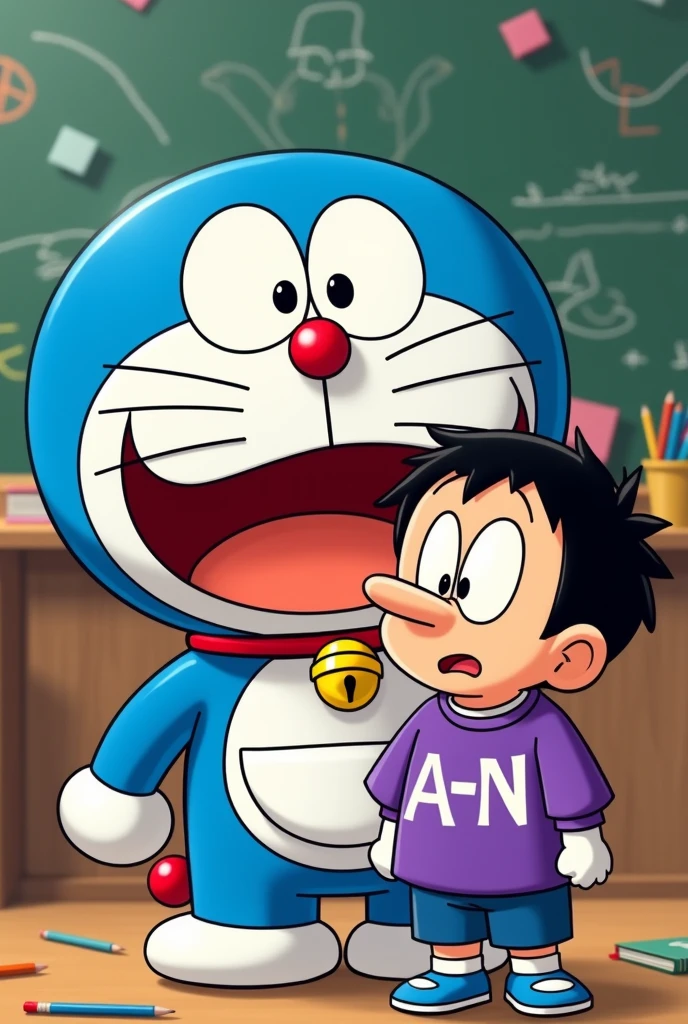 Angry Doraemon, Nobita in cartoon, with a Pinocchio nose and a purple shirt that says “A D N”