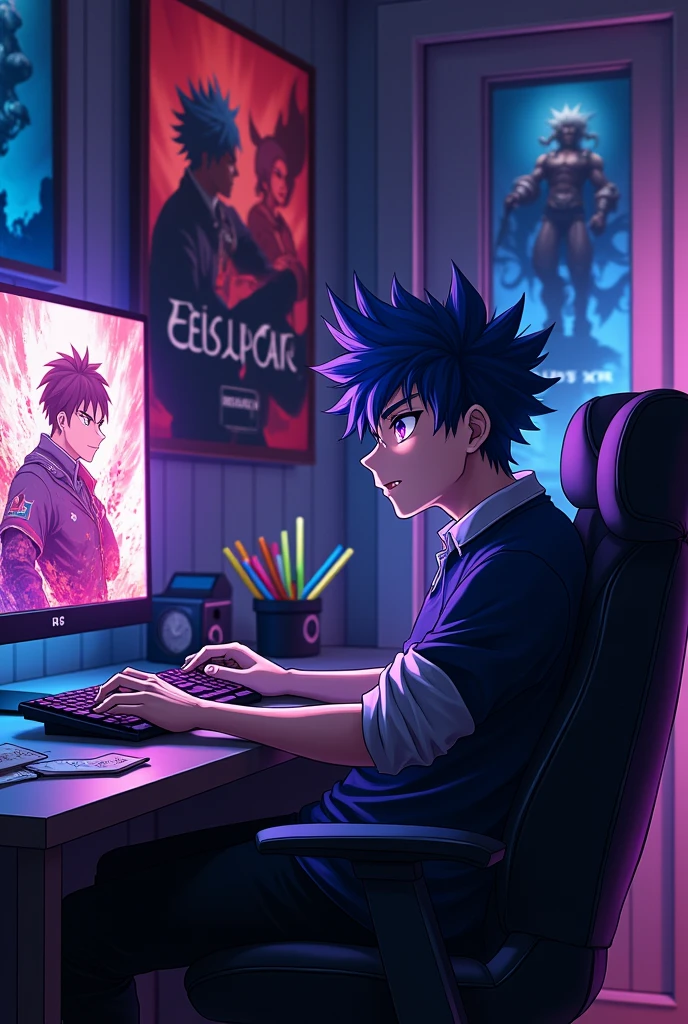 One anime man sit in a chair and looking pc and his wall write Devil editor best look
