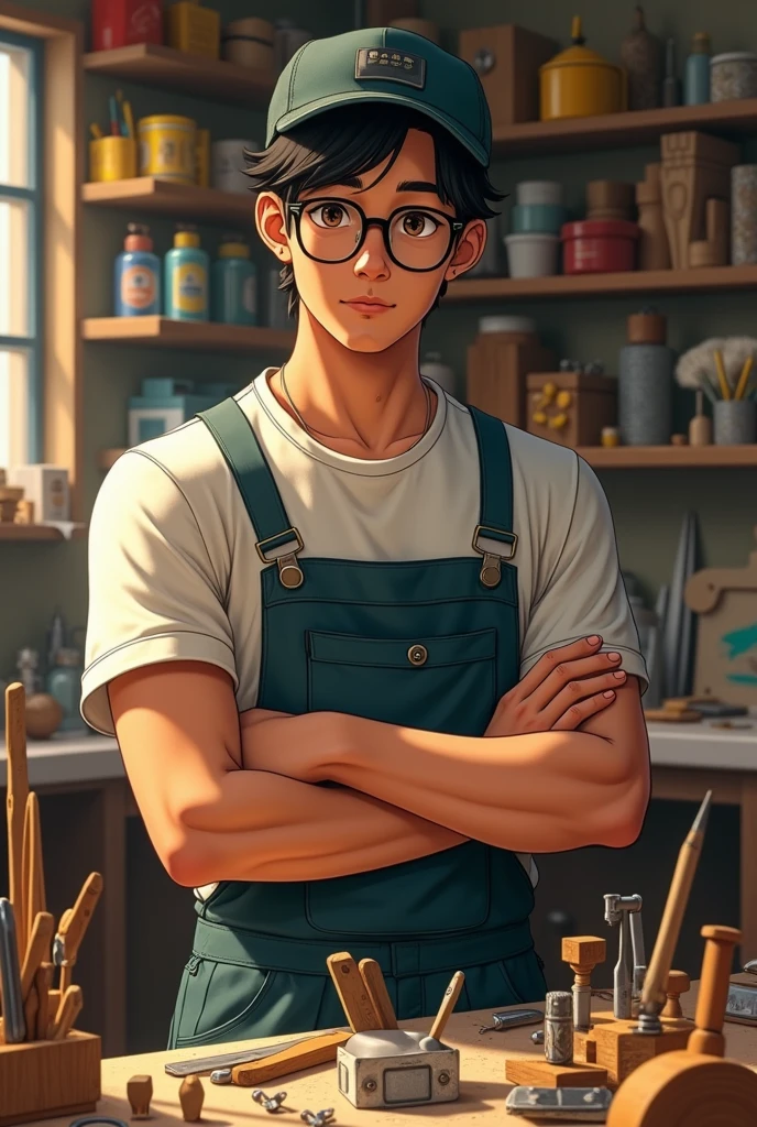 Create a photo of a young man with slanted eyes, yellow skin, black hair, and glasses, with various functions.,mechanic,carpenter,A famous handyman, nicknamed 'Pedreiro', is being exploited by his father while wearing black-framed glasses with clear lenses. He's skilled at making a thousand knick-knacks. 