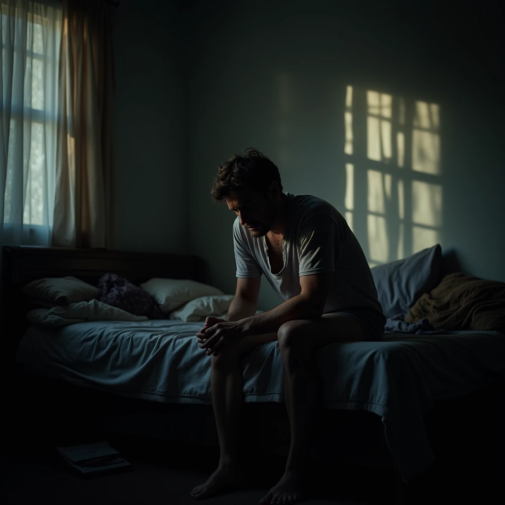 I need a man sitting on his bed with difficulty in a dark room.