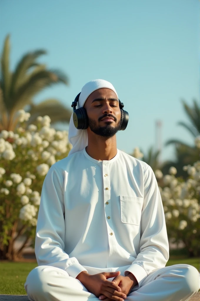 Islamic man using headphone & calming