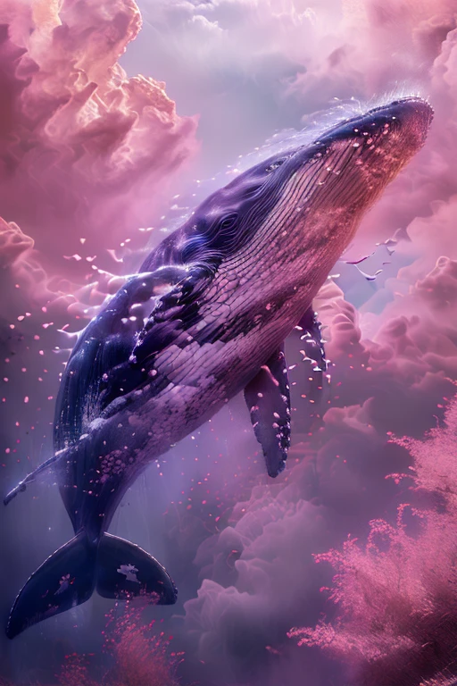 There is a whale flying in the air+, 4k highly detailed digital art, Surreal 3D illustration, Super real、Highly detailed 8K, 3D rendering of beeple, 4k HD wallpaper very detailed, Beautiful digital art work, 8K high-quality detailed art, Movie Honeycomb, 8K highly detailed art