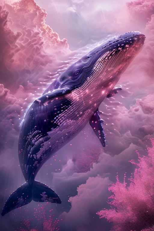 There is a whale flying in the air+, 4k highly detailed digital art, Surreal 3D illustration, Super real、Highly detailed 8K, 3D rendering of beeple, 4k HD wallpaper very detailed, Beautiful digital art work, 8K high-quality detailed art, Movie Honeycomb, 8K highly detailed art