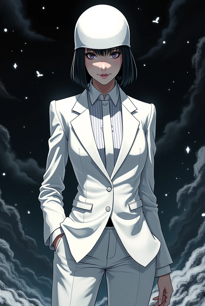 character with white suit white balaclava short black straight hair with black anime background and that is not bugged
