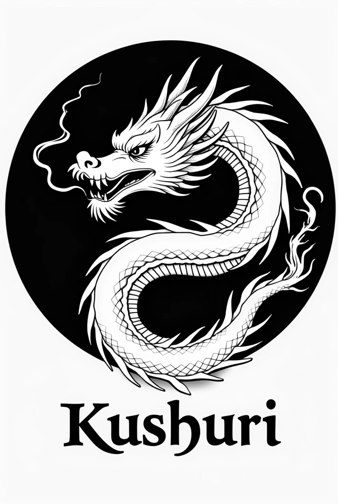 white japanese dragon on a black circle, logo, size 128x128, "Kushuri" Written on the bottom of the circle