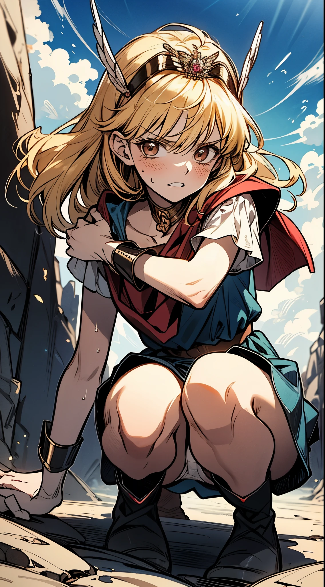(Realistic, photo ), (reality: 1.4),Dynamic composition,NSFW,ass pov,white panties,crouching ,squatting,both knees together,raise knees,{{knees to chest:1.6}},{{knee to chest:1.6}},{{knee up:1.6}},{{Grit your teeth:1.4}},Mature adult woman,{{from below:1.8}}, cowboy shot,foot focus, Dynamic composition,{{fight}} ,{{}}, ,,{{masterpiece}}, {{{best quality}}},{{ultra-detailed}}, {{illustration}}(Beautiful and fine eyes)、slanted bangs、perfect cosplay,,1 girl,alone,magical princess,blonde hair,blue clothes,Blue flared mini skirt,brown eyes,feather hair band,long hair,pauldron,boots,red scarf,tiara,white shoes,{{Grit your teeth:1.4}},,{{v-shaped eyebrows}},Bad mood,blush,Sweat,raise one's eyebrows ,On a rock foundation