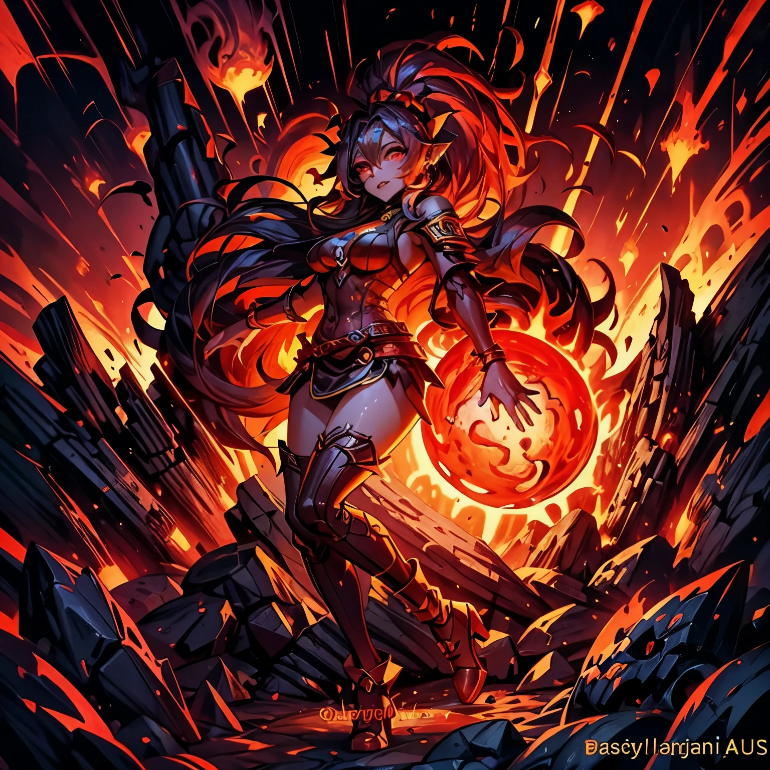 full body league of legends illustration of a female lava goblin shaman, molten land background