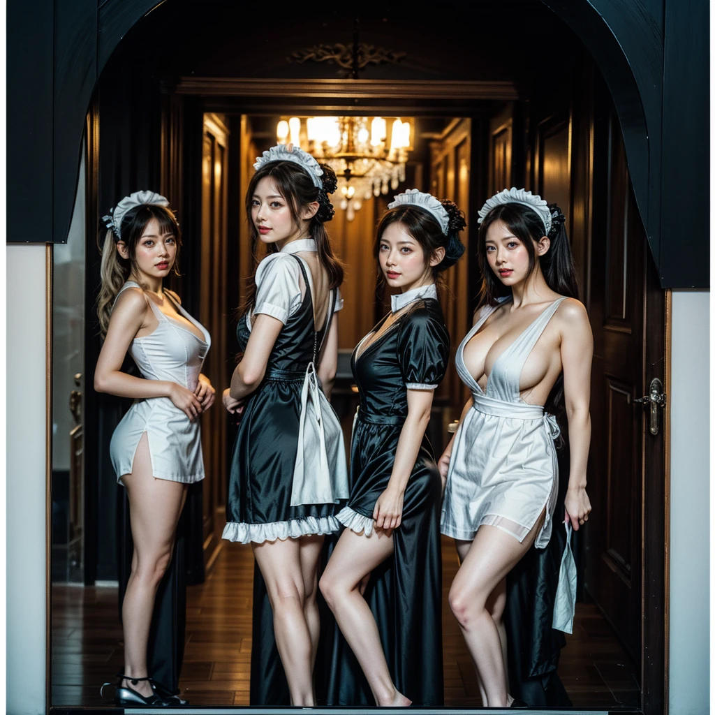 (Full Body of Extremely Detailed((Sexy Maid Group in a row:1.37))), KAWAII perfect face, Reflective Eyes, Detailed(Delicate Clothing textures), Correct Leg Line, Dynamic Joyful Expressions LifeLike Rendering, Specular Reflection, TopQuality 8K Ultra-detailed masterpiece (ProfessionalPhoto:1.37), (Acutance:0.8), (Luminism:1.28), (Renaissance art style), Colorful Light particles, ((Full body from side)), {Kissing|Thigh Gap|AssFocus|(NakedApron with Overflowing SideBoob)}, Radiant Fine Skin with Transparency, (Exposed:0.4), (Different types of Anime hair color), Perfect Lighting