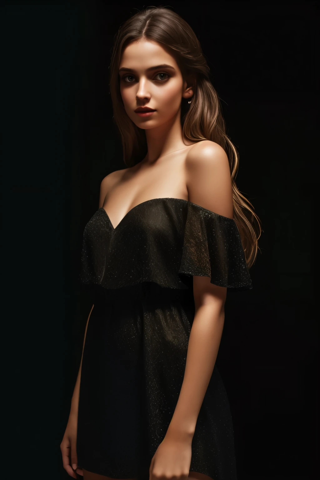 highest quality, masterpiece, ultra high resolution, (photorealistic:1.4), RAW photo,1 girl, alone, realistic, lips, (looking at the viewer), Upper body, simple background, brown eyes, black dress, off shoulder,Less cloth, naked portrait, nude photography, shiny nipple, show armpit 
