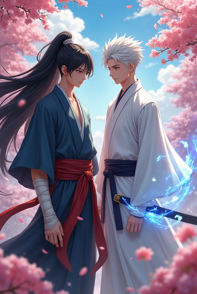 Make a 1m tall young man.98 with long samurai-style black hair, He should wear a tunic with a red belt and bandages on his hands., and winged make a young man of 1 height.78 with short white-haired hairstyle, wielding elemental powers, wearing a white anime-style tunic