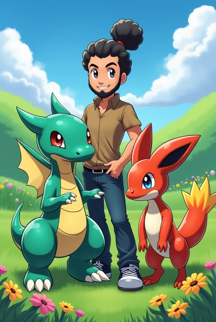 draw a Latin Pokemon trainer with a bun and curly hair, scraped on the side, with beard, ao lado do pokemon shiny dragonite, do pokemon blaziken