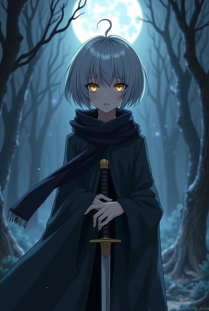 anime style body image, a beautiful witch woman with beautiful breasts with short silver hair and golden eyes, wearing a scarf, hood and carrying a katana, looking sad and soulless.