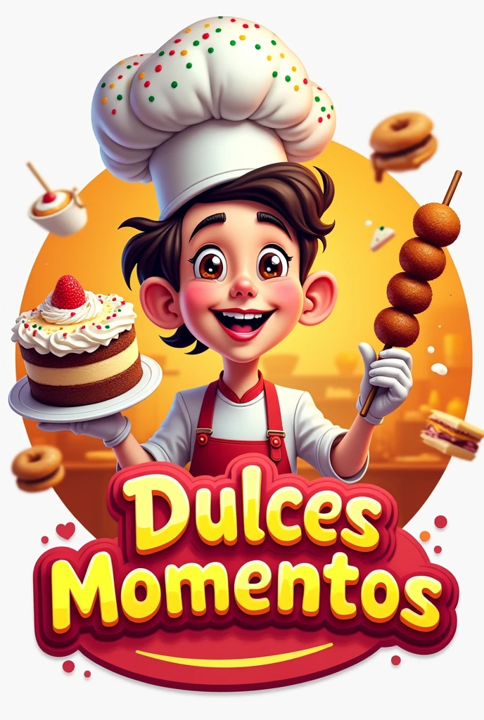 Logo of cake and brochette chef students for a fast food restaurant with the name Dulces Momentos