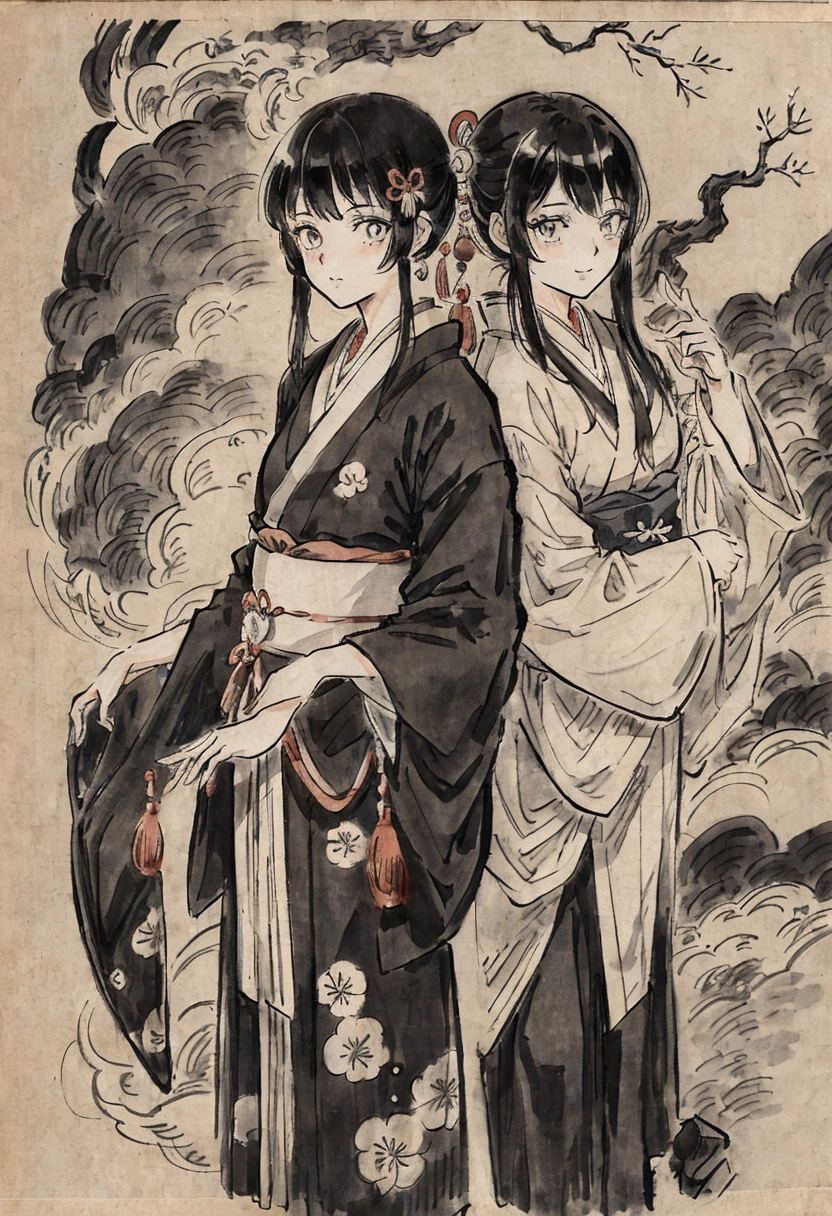 Japanese style Haori Manga style Taisho Romance black and white manga style Anime Character Reference Sheet, Character Concept