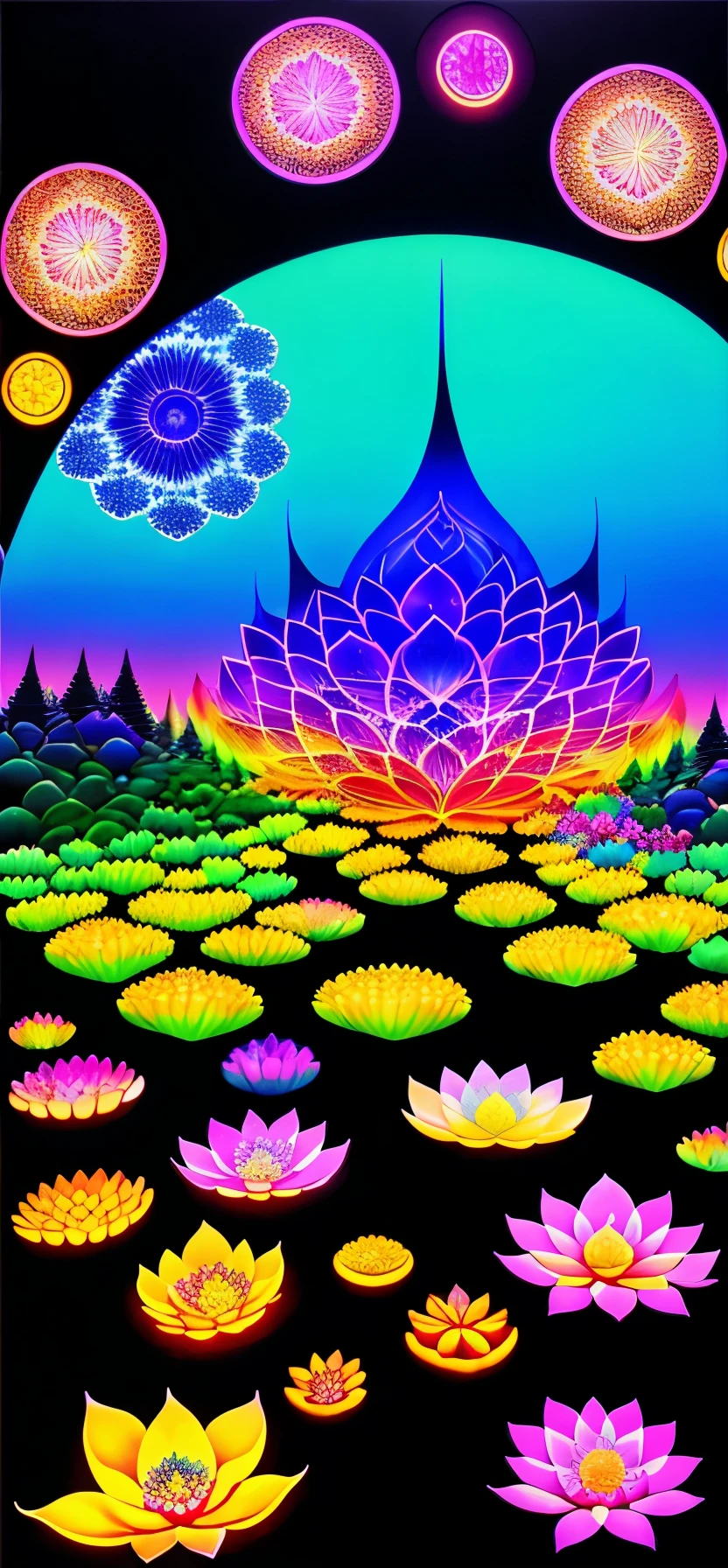Lotus flower field,(masterpiece,Highest quality),(Awareness-raising),(Black Light UV: 1.5),Strange fungal disease dense forest,Transparent sticky substance,Caustics,crystallization,Intricate details,Dark Background,Glowing spores,Rainbow crystallization,(dark),(Black Light Art),UV rays、Mandala、Paradise、aggregate、psychedelic、heaven、lsd