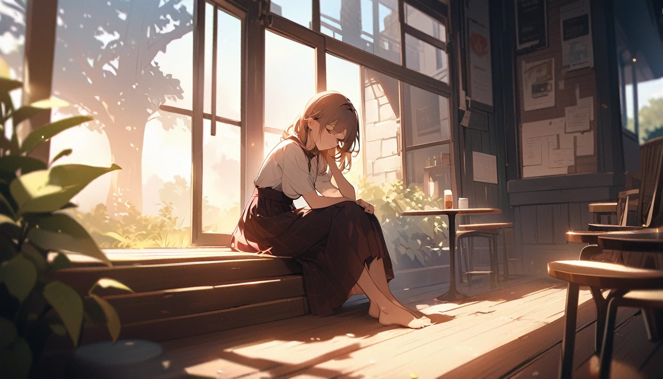 Highly detailed CG Unity 8K wallpapers), Outdoor Cafe，Beautiful young woman in a skirt on a sunny day, Looking out the window、Lost in Thought、I remember the unrequited love、close your eyes、sit, full_body, dramatic, バックLight, Light, Volumetric Lighting, Delicate face, Simple Background、