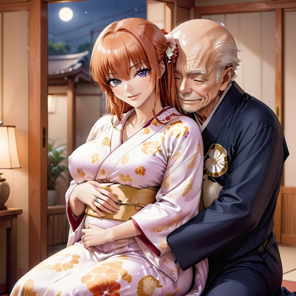 ((The woman is leaning against an old man, holding a baby.))、((Highest quality)), ((masterpiece)), (detailed), （Perfect Face）、The woman is Maya Cordelia, with medium-long orange hair, a gorgeous and glittering kimono, her hair tied in a Japanese style, and an engagement ring.、The woman is happily nestled against her elderly husband in their traditional Japanese-style bedroom at night, cuddling their baby.、The old man is wearing an engagement ring